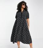 Asos Design Curve Broderie Midi Tiered Shirt Dress With Short Sleeves In Black And White Contrast
