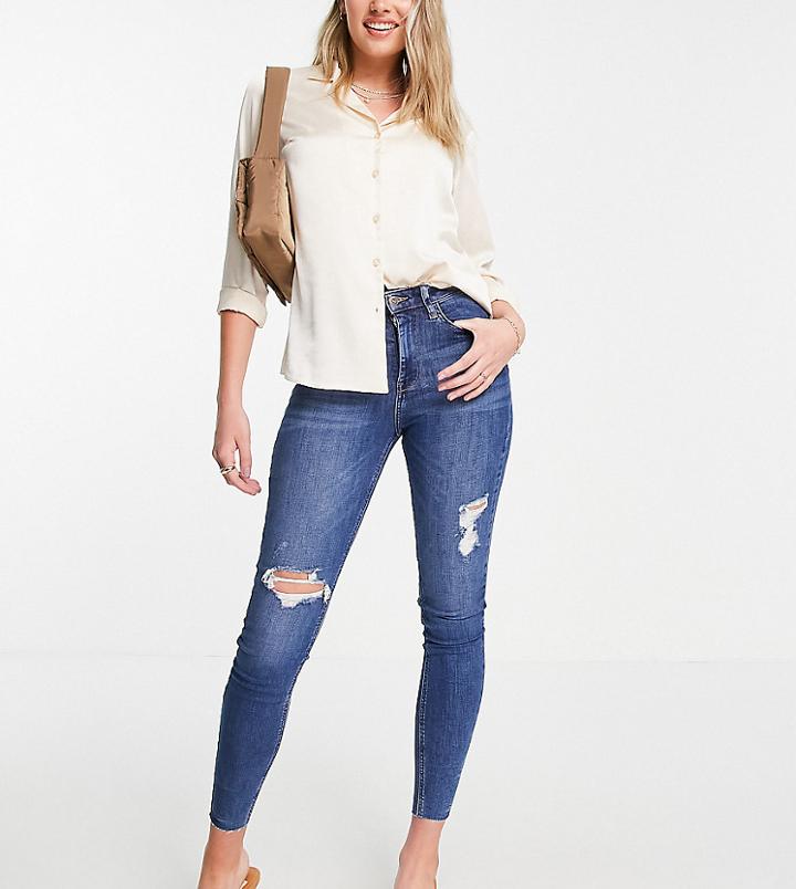 River Island Tall Ripped Raw Hem High Rise Skinny Jeans In Mid Auth Blue-blues