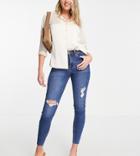 River Island Tall Ripped Raw Hem High Rise Skinny Jeans In Mid Auth Blue-blues