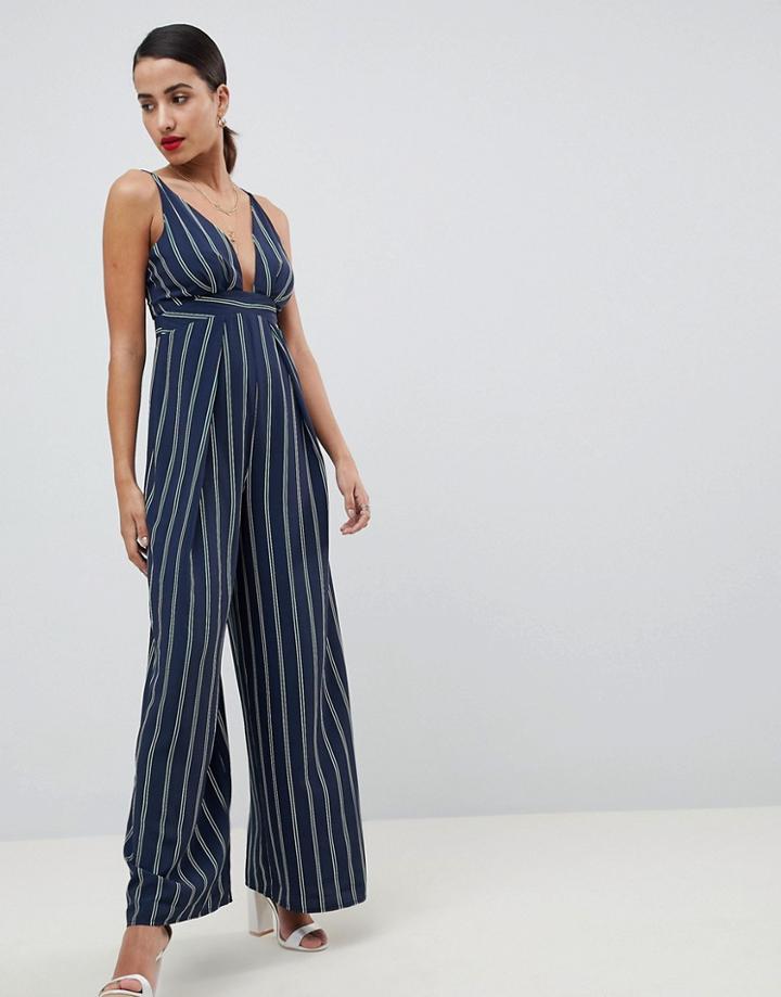 Asos Design Stripe Jumpsuit With Cross Over Strap Detail - Multi