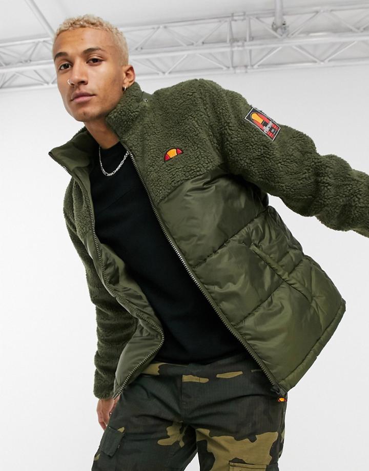 Ellesse Mix Sherpa Puffer Jacket In Khaki-green