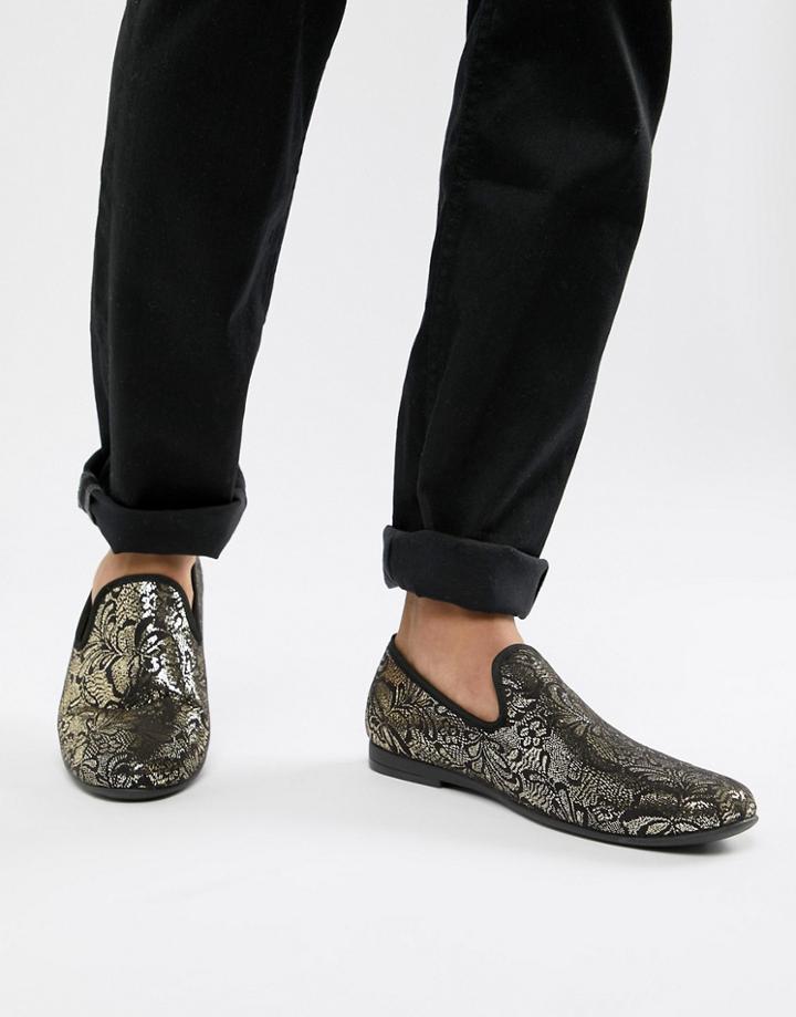 Truffle Collection Brocade Print Loafer In Gold - Gold