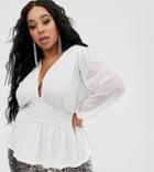 Asos Design Curve Mesh Long Sleeve Top With Corset Waist In White