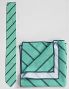 Minimum Tie And Pocket Square Set In Stripe - Green