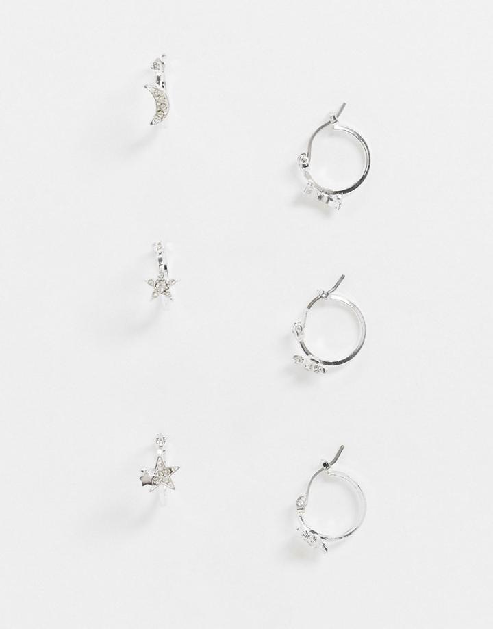 Pieces 3 Pack Huggie Earrings With Stars And Moon Charms In Silver