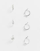 Pieces 3 Pack Huggie Earrings With Stars And Moon Charms In Silver
