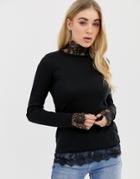 Prettylittlething Basic Long Sleeve T-shirt With Lace Trim In Black - Black