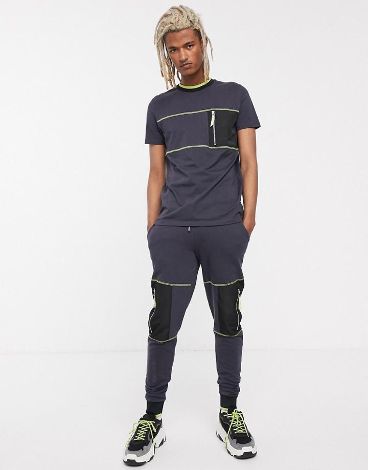Asos Design Two-piece T-shirt With Contrast Utility Pocket And Stitching In Washed Black-gray