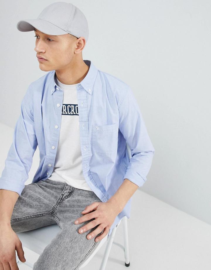 Abercrombie & Fitch Poplin Moose Icon Logo Button Down Collar Shirt In Light Blue - Blue