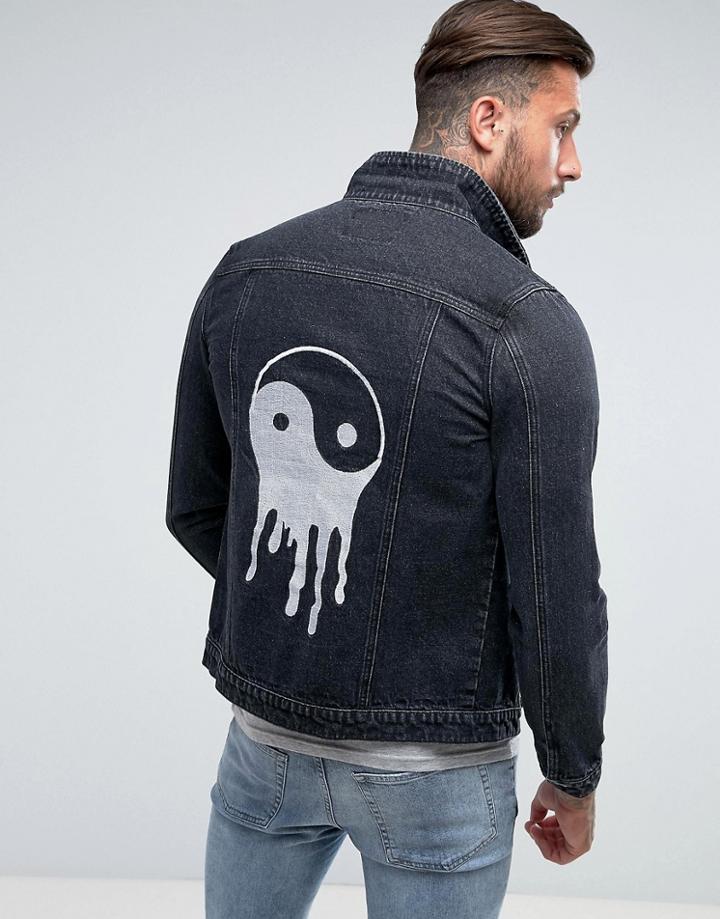 Liquor & Poker Ying Yang Embroidered Denim Stone Wash Denim Jacket - Blue