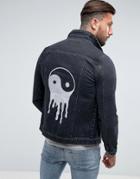 Liquor & Poker Ying Yang Embroidered Denim Stone Wash Denim Jacket - Blue