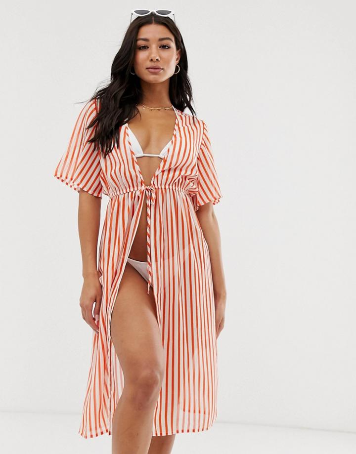 Influence Striped Beach Kimono With Tie Front-orange