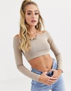 Asos Design Off Shoulder Crop Top With Notch Detail In Pale Khaki-black