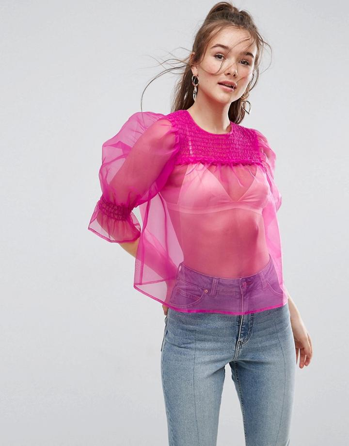 Asos Premium Organza Top With Shirring - Pink