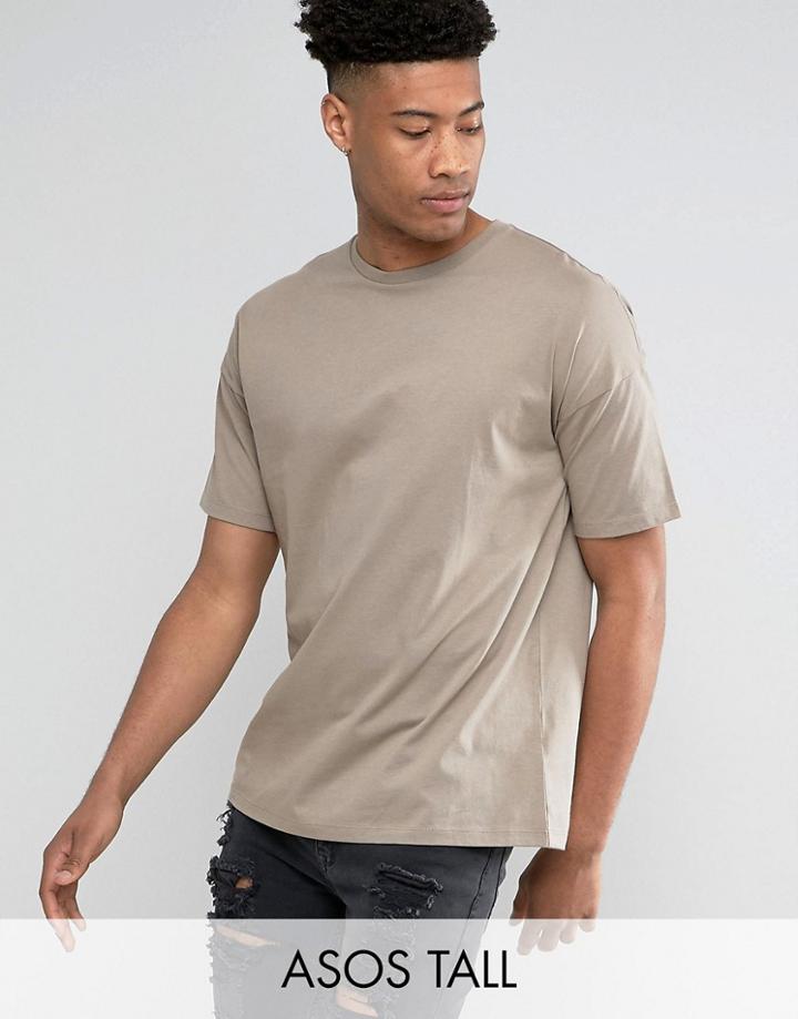 Asos Tall Oversized Longline T-shirt With Half Sleeve - Brown