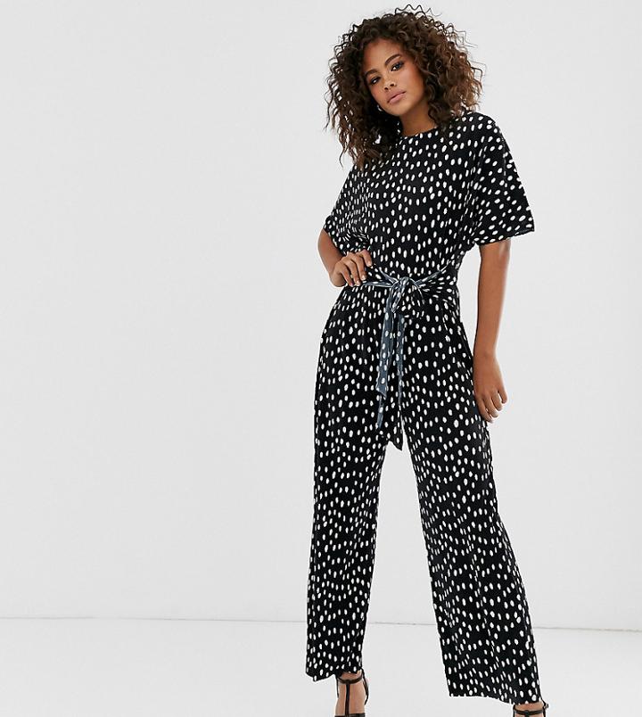 Asos Design Tall Plisse Tie Front Jumpsuit In Polka Dot-multi