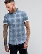 Asos Skinny Denim Shirt With Check In Bleach Wash With Short Sleeves - Blue