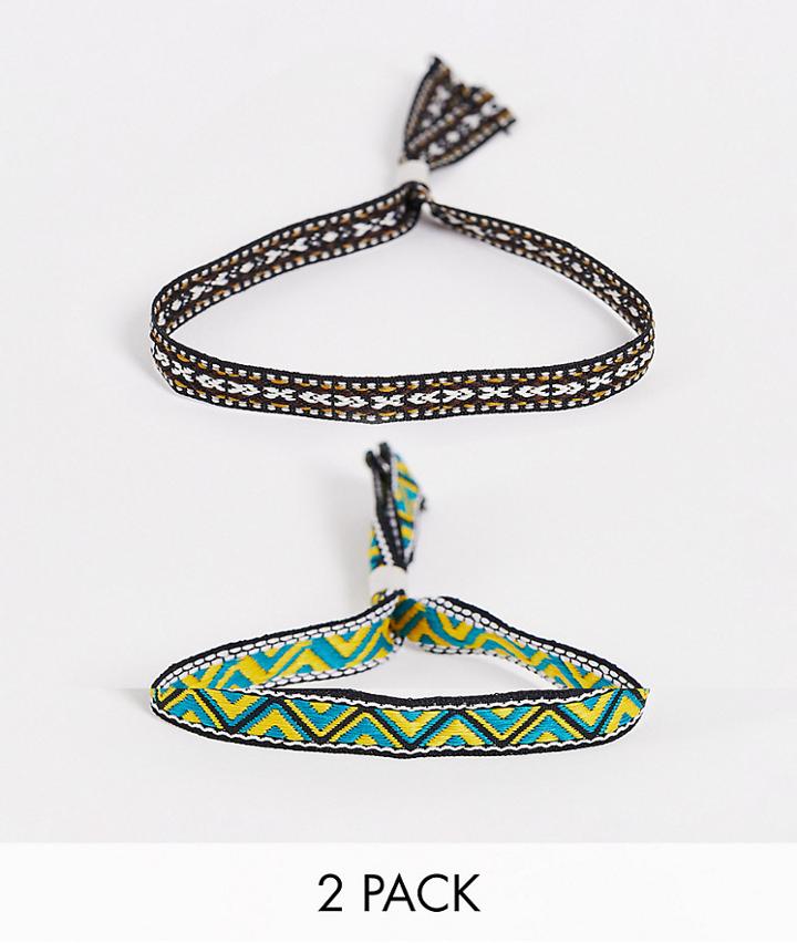 Asos Design 2 Pack Festival Fabric Bracelet Set In Green And Black Pattern Print In Multi Color