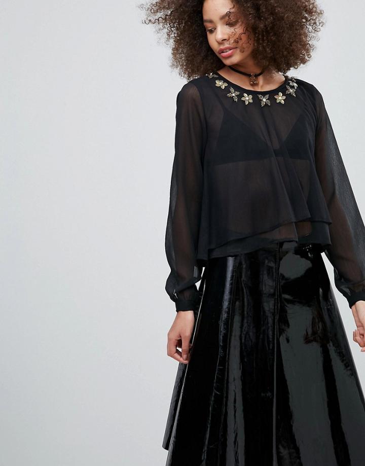 Qed London Chiffon Blouse With Embelished Detail - Black