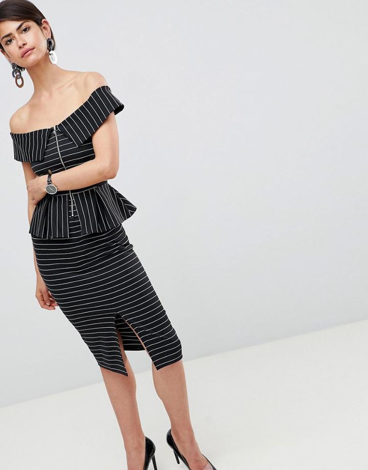 Asos Design Bardot Pencil Dress With Peplum And Zip Detail In Pinstripe - Multi