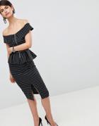 Asos Design Bardot Pencil Dress With Peplum And Zip Detail In Pinstripe - Multi