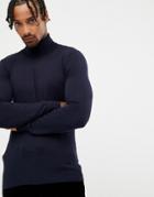 Gianni Feraud Premium Muscle Fit Stretch Roll Neck Fine Gauge Sweater - Navy