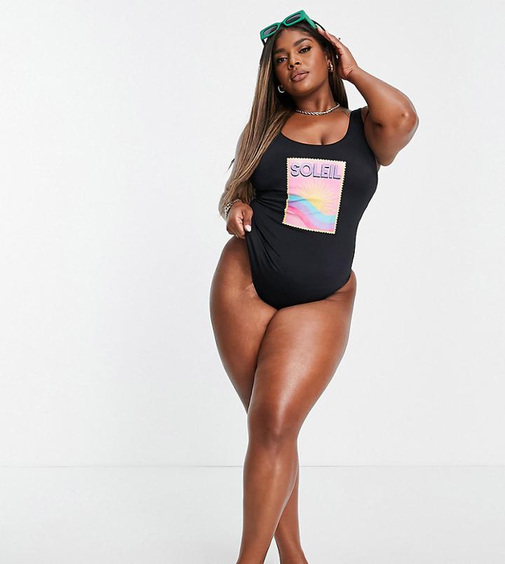Asos Design Curve Scoop Neck Swimsuit With Soleil Print-multi