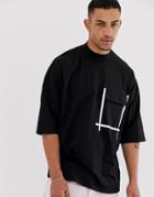 Asos Design Oversized T-shirt With Turtleneck With Pocket And Contrast Tape - Black