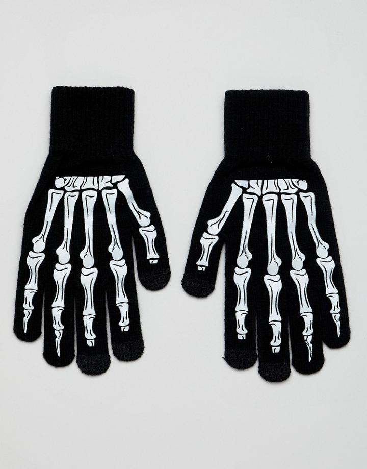Asos Design Halloween Touchscreen Gloves In Black With Skeleton Print - Black