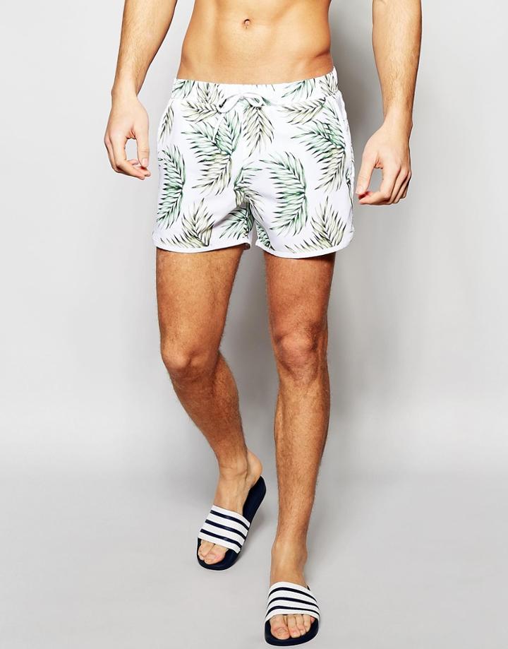 Asos Short Length Runner Swim Shorts With Leaf Print - White