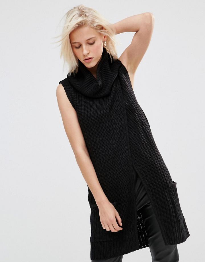 Brave Soul Roll Neck Open Front Sweater - Black