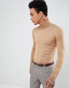 Gianni Feraud Premium Muscle Fit Stretch Roll Neck Fine Gauge Sweater-brown