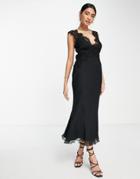 Asos Design Bias Cut Chiffon Midi Dress With Applique Lace-black