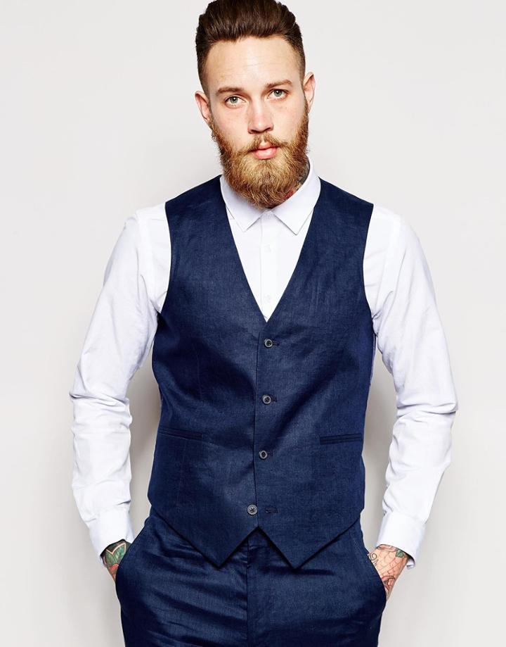 Asos Slim Fit Vest In 100% Linen - Navy