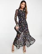 Topshop Ruch Front Floral Mesh Midi Dress-multi