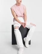 Asos Design Baggy Jeans In White With Heavy Rips