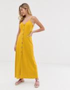 Asos Design Maxi Slubby Cami Swing Dress With Faux Wood Buttons - Yellow