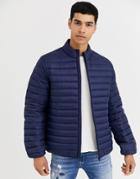 Asos Design Quilted Jacket With Stand Collar In Navy