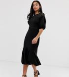 Asos Design Petite Exclusive Lace Mix Midi Pencil Dress With Pep Hem - Black