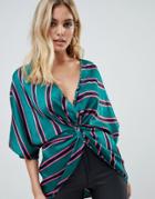 Asos Design Satin Twist Front Top With Kimono Sleeve In Stripe - Multi
