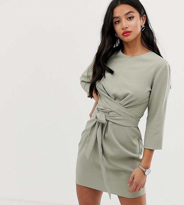 Asos Design Petite Tie Wrap Around Mini Dress-green