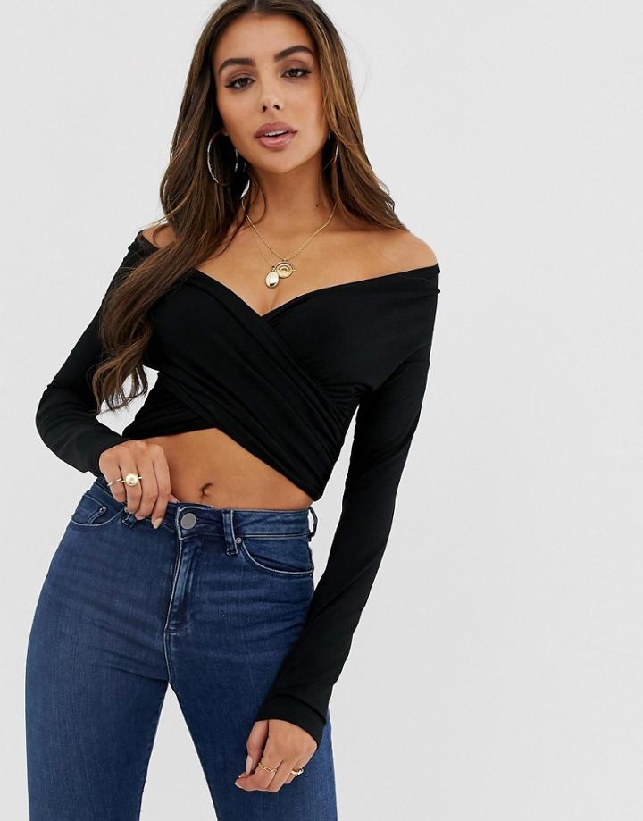 Asos Design Cross Over Bardot Top With Long Sleeve - Black