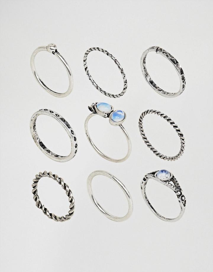 Asos Pack Of 9 Moon Stone Twist Rings - Silver