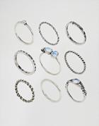 Asos Pack Of 9 Moon Stone Twist Rings - Silver