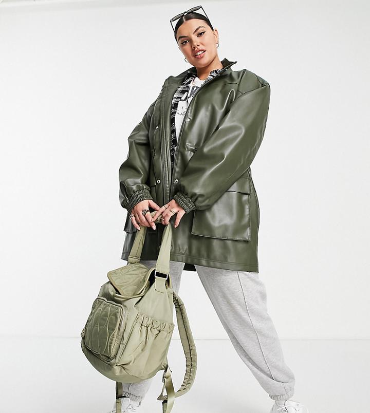 Asos Design Curve Leather Look Parka Coat In Olive-green