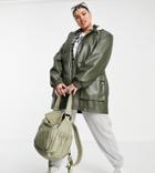 Asos Design Curve Leather Look Parka Coat In Olive-green