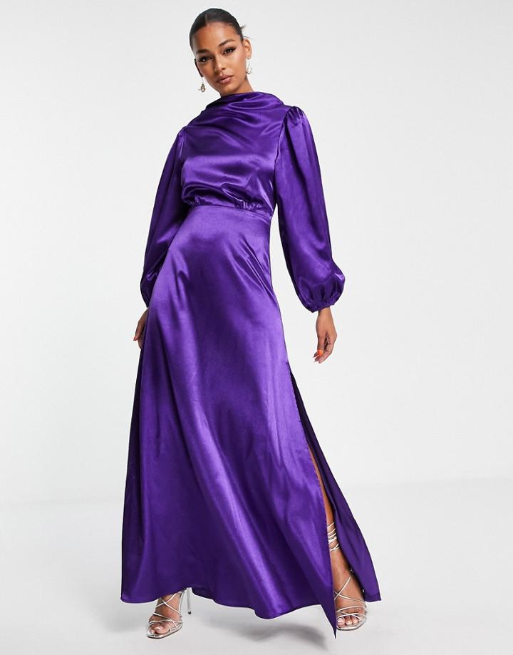 Vl The Label Modest Longe Sleeve Satin Maxi Dress In Purple