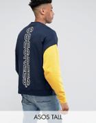 Asos Tall Oversized Sweatshirt With Contrast Sleeve & Back Print - Navy