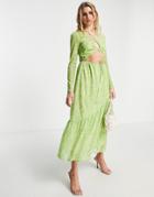 & Other Stories Recycled Polyester Mesh Cut Out Maxi Dress In Green Zebra Print-multi