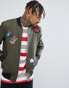 Asos Bomber Jacket With Badges And Sleeve Zip In Khaki - Green